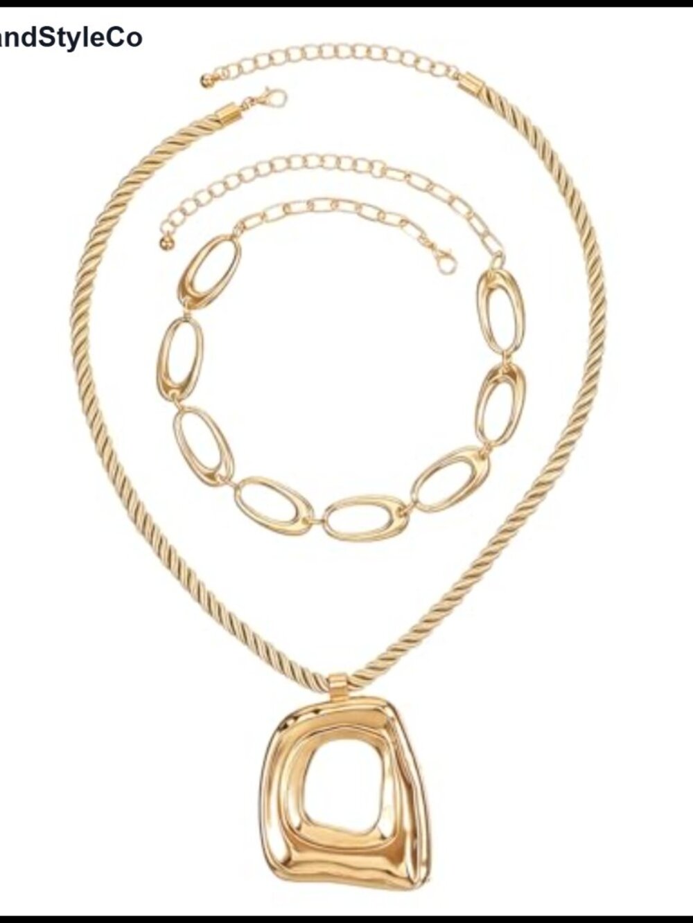 Gold Alloy Chunky Square Pendant Necklace Rope Chain Layering
